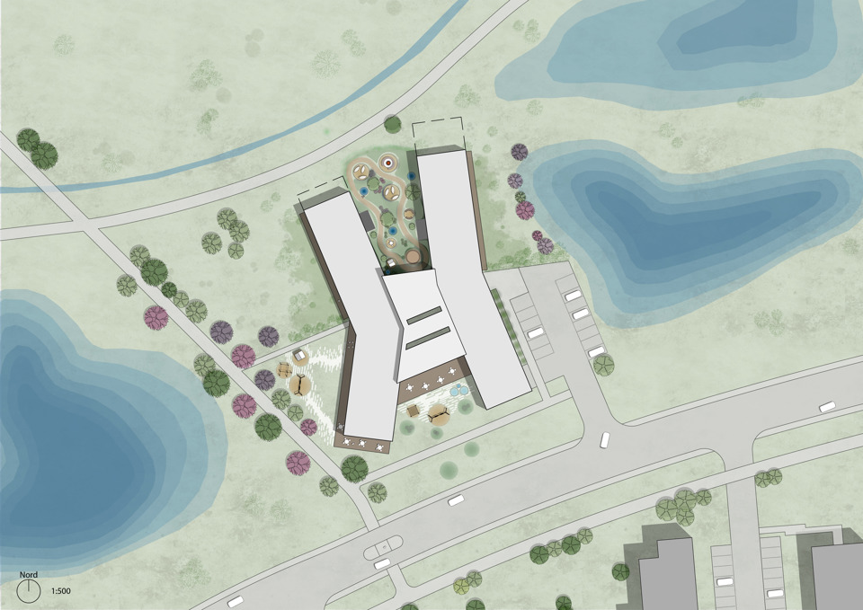 Skitse af huset set ovenfra Renald Mcdonald huset ved det nye OUH i Region Syddanmark