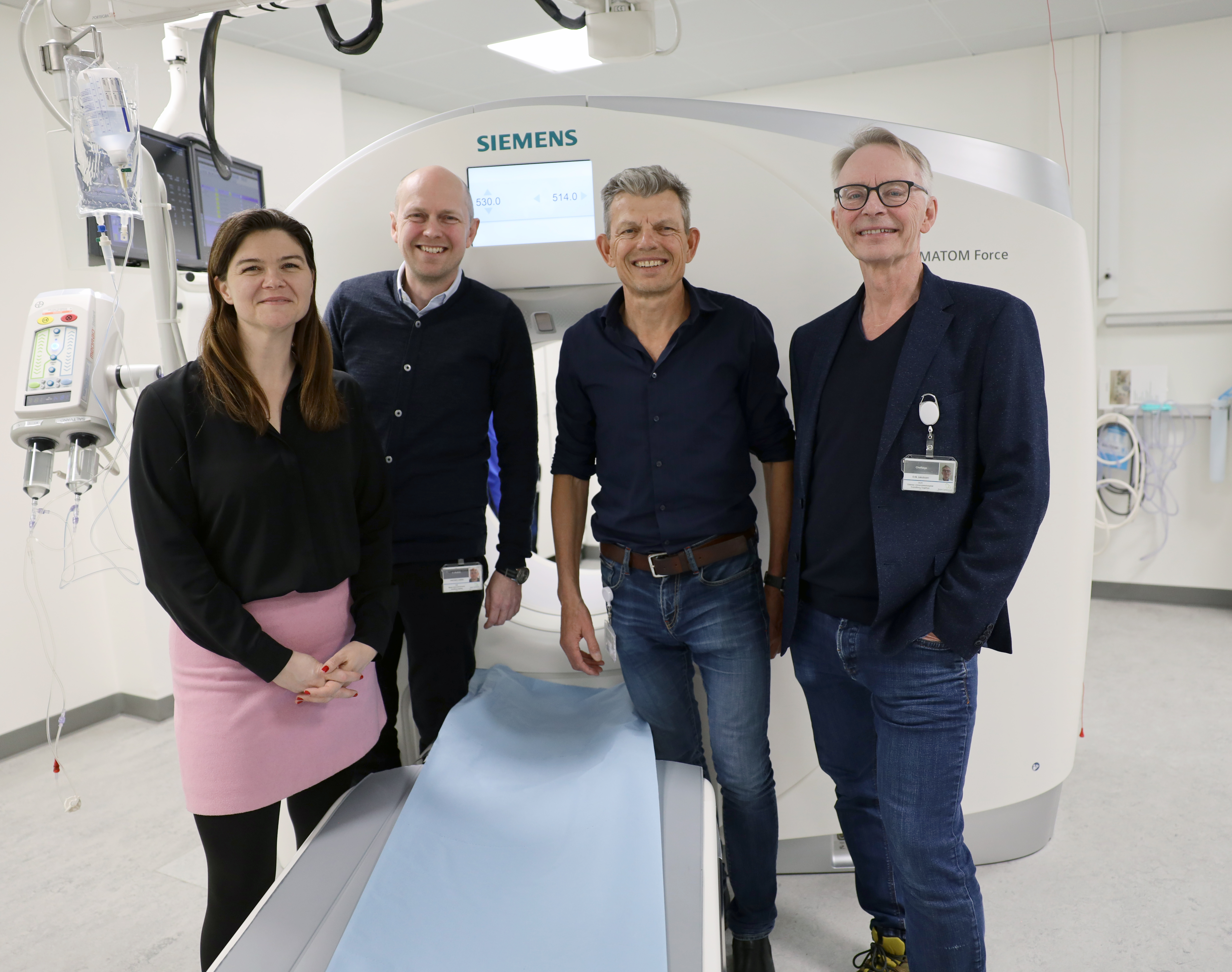Anna Skat Nielsen, leder af OPEN, OUH & SDU’s fælles forskningsstøtteenhed; Christian Borbjerg Laursen, ledende overlæge på Lungemedicinsk Afdeling J; Ib Erik Jensen, cheflæge på Radiologisk Afdeling og Erik Jakobsen, cheflæge Hjerte-, Lunge og Karkirurgisk Afdeling T.