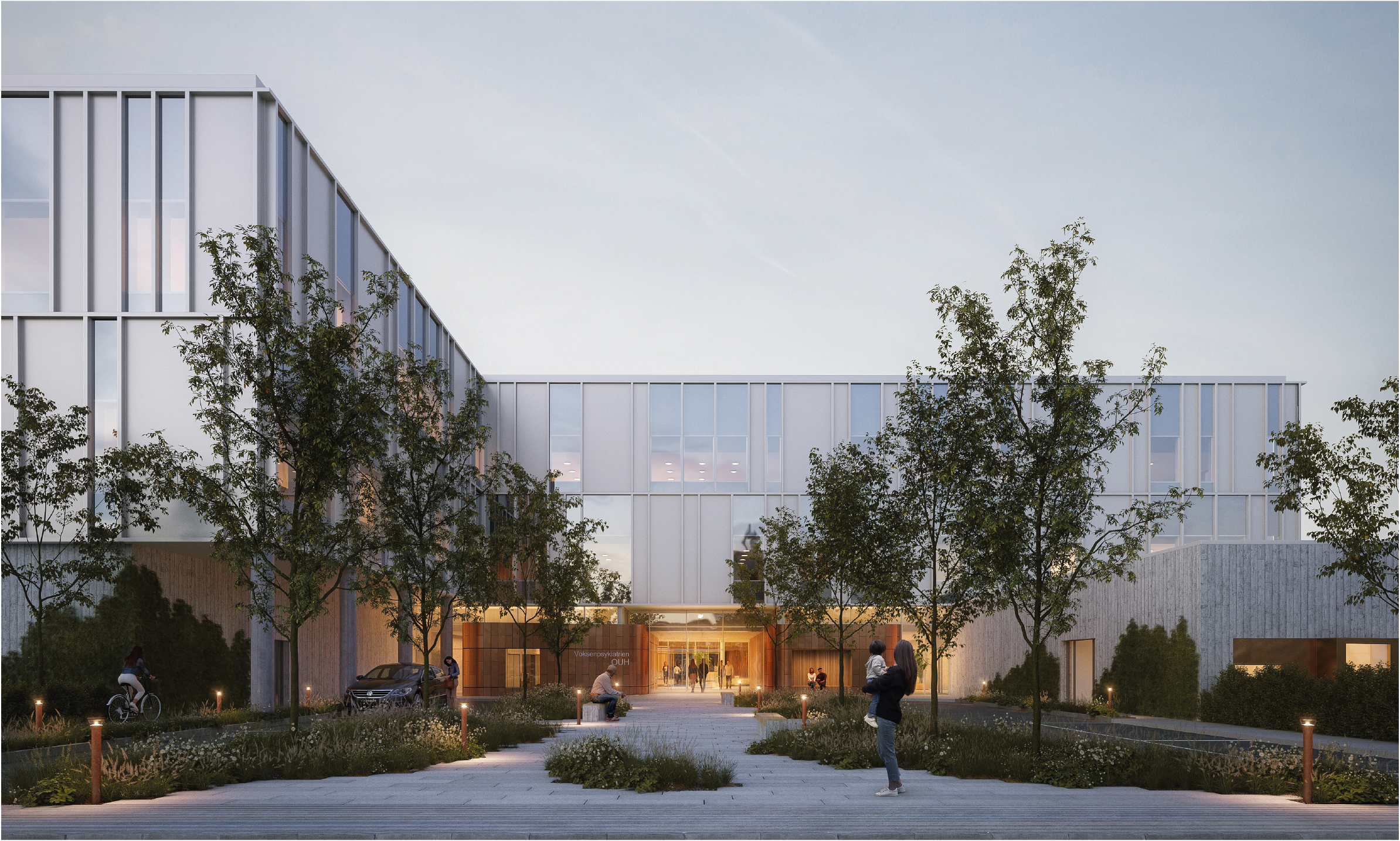 Visualisering af hovedindgangen ved vinderprojekt Voksenpsykiatrien i Nyt OUH