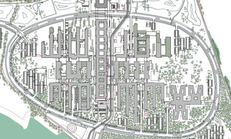 Tegningen viser linjeføringen af letbanen gennem Nyt OUH. Øverst på tegningen ser man koblingszonen, der forbinder Nyt OUH med Syddansk Universitet og nederst hovedindgangen til Nyt OUH. Der er planlagt, at letbanen skal have to stoppesteder ved Nyt OUH.