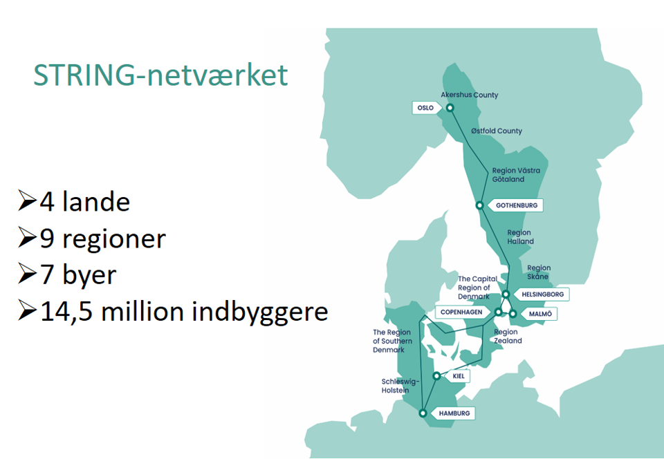 STRING’s medlemmer er Hamborg, Kiel og Schleswig-Holstein i Tyskland, Region Syddanmark, Region Sjælland, Region Hovedstaden og Københavns Kommune i Danmark, Malmø, Helsingborg, Region Skåne, Region Halland, Gøteborg og Västra Götalandsregionen i Sverige, samt Akershus og Østfold Fylkeskommuner og Oslo Kommune i Norge.