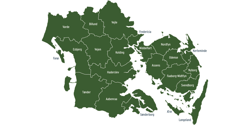 Kort over kommuner i region Syddanmark