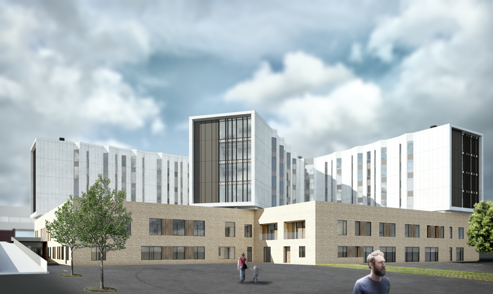 Det primære element i fase 2 på akutsygehuset i Aabenraa er den tre-fligede sengebygning i fire etager, som ses på tegningen. Den bygges oven på en muret base i to etagers højde, svarende til det eksisterende sygehus.