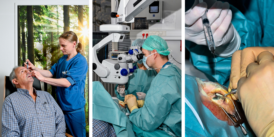 Tre billeder, som viser Aksel få dryppet øjnene inden operation og selv operationen, hvor en kirurg rører ved øjet med værktøj.