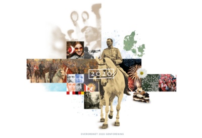 Fotocollage fra Sekretariatet for Genforeningen 2020, som viser en række billeder med relevans for genforeningen og grænselandet, forrest på fotocollage se et billede af Kong Christian d. 10. af Danmark på en hvid hest